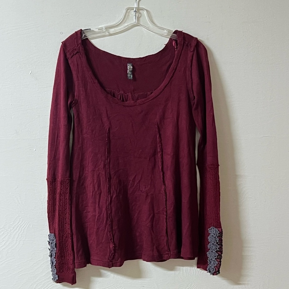 Free People Maroon Burgundy Top Long Sleeve Size Small Embroidered Sleeves